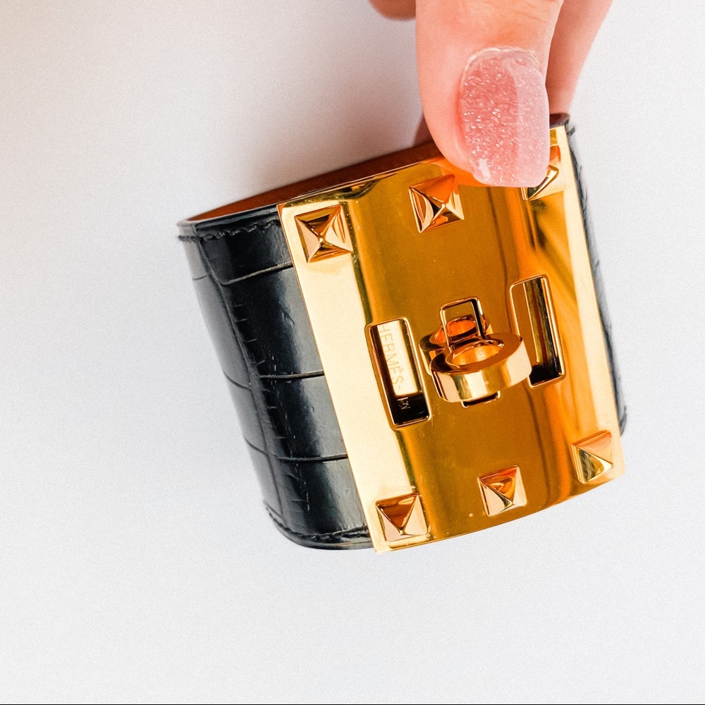HERMÈS Kelly Dog Extreme cuff black alligator gold - Picture 1 of 9